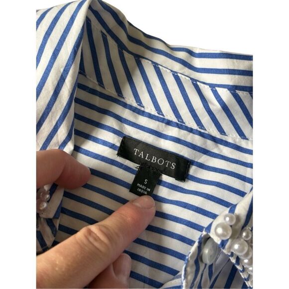 Talbots EMBELLISHED SHORT SHIRT Blouse size S White Blue DAFFODIL STRIPE Button - Picture 4 of 9
